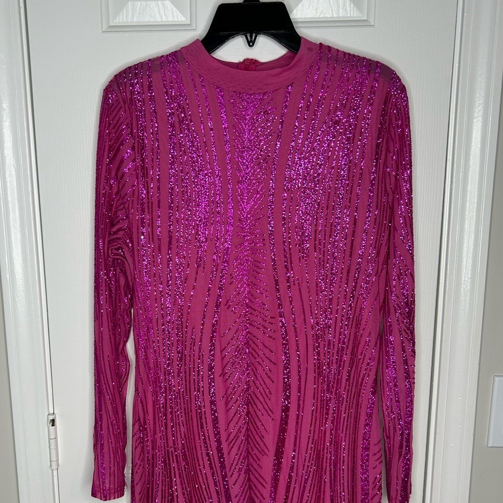 Sexy party birthday club pink glitter see through midi dress - Picture 10 of 14